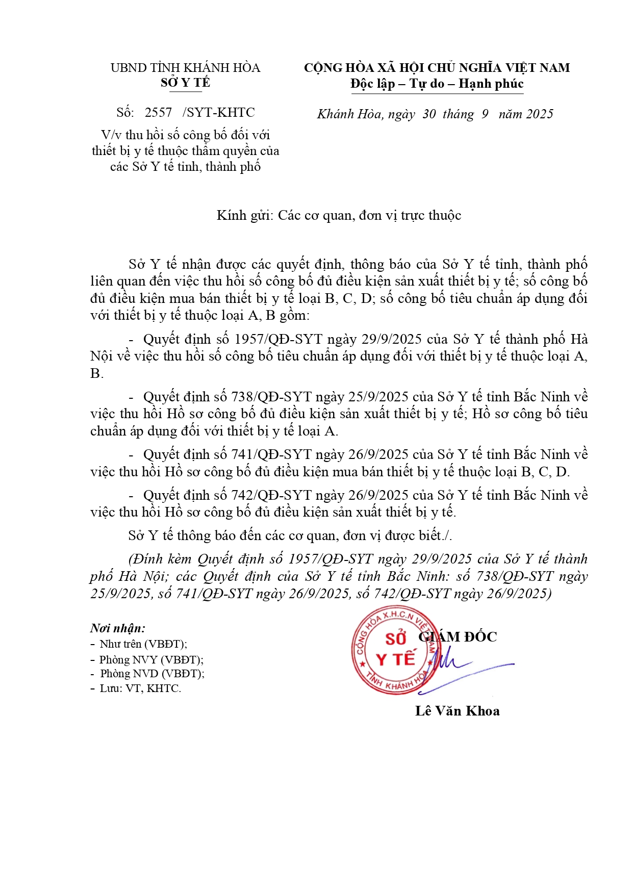 V/v thu hồi số công bố đối với thiết bị y tế thuộc thẩm quyền của các Sở Y tế tỉnh, thành phố